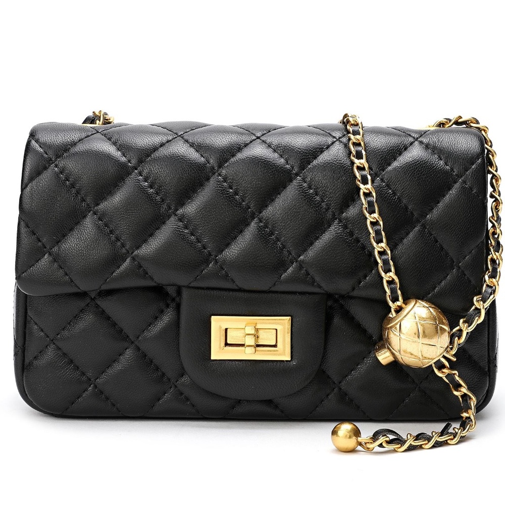 Tiffany & Fred Paris Quilted Sheepskin Leather Shoulder Crossbody Bag - Black